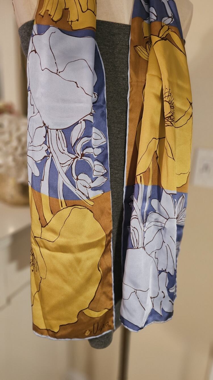 Vera Neumann Vintage 100% Silk Scarf Hand Rolled Mod Floral Yellow Blue 65"×13"